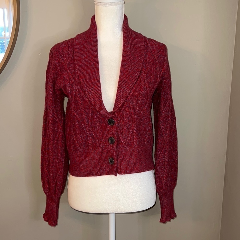 Draper James Deep Red Cable-Knit Shawl Collar Cardigan
